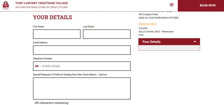 Toby Carvery Online Booking Form
